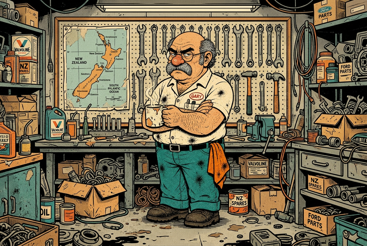 Grumble Gary standing in his cluttered New Zealand garage, arms folded around a mug of tea, looking unimpressed