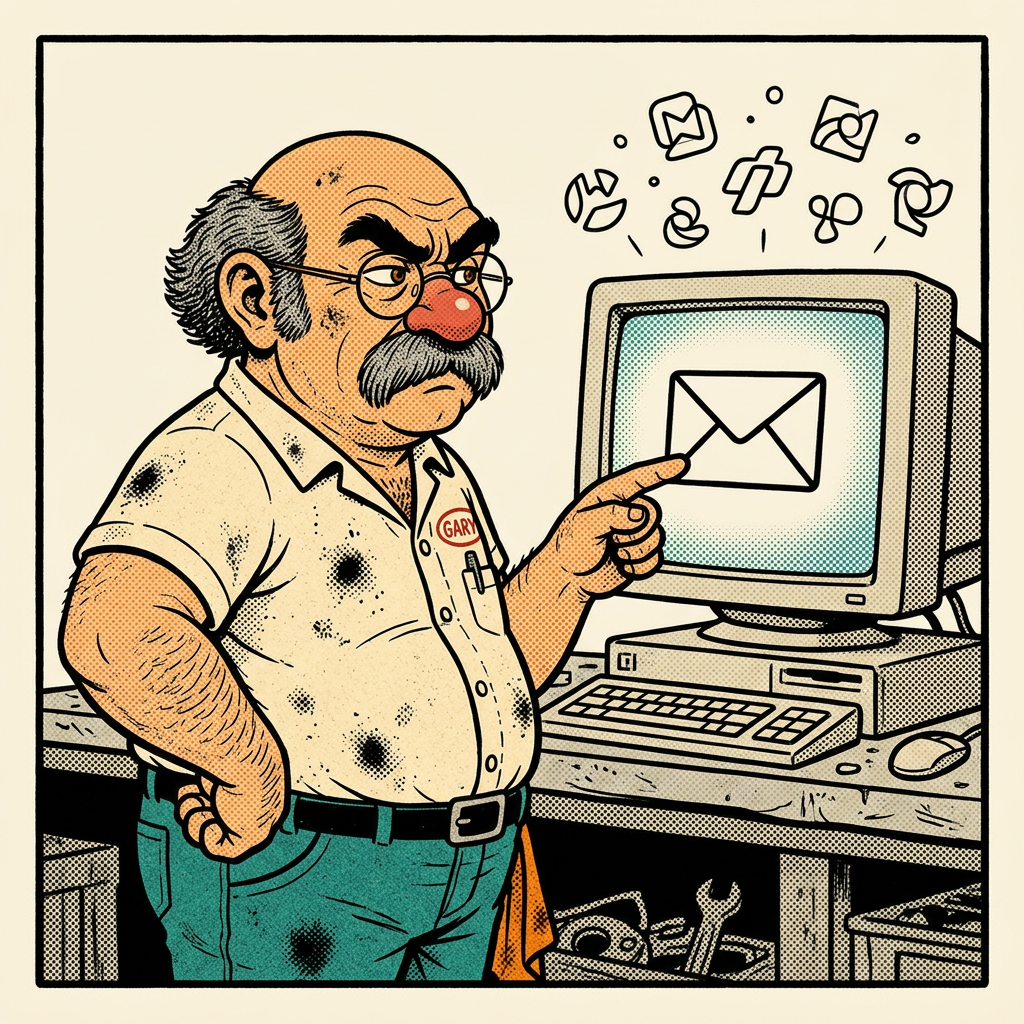 Grumble Gary squinting suspiciously at a chunky old desktop computer showing corporate icons