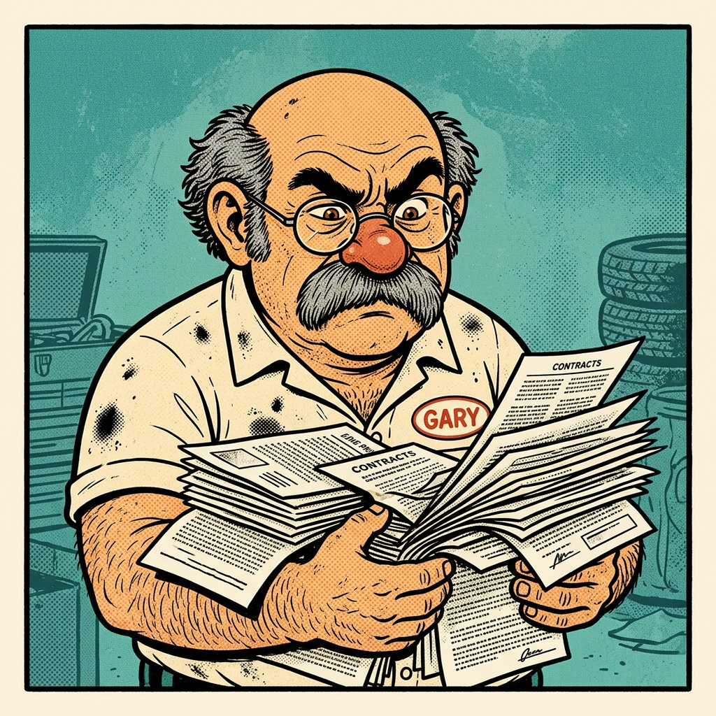Grumble Gary buried under a huge stack of contracts, squinting at the fine print